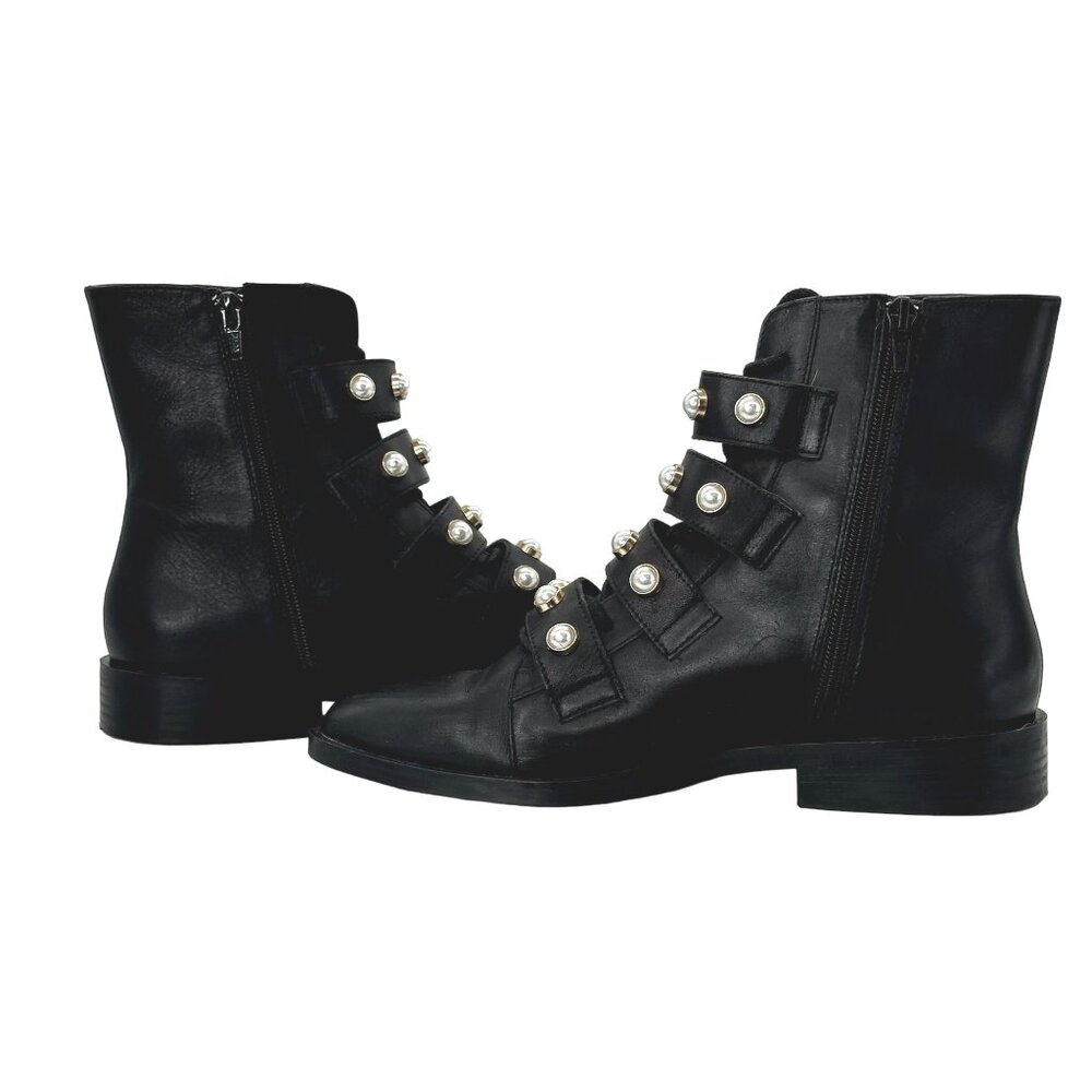 ZARA Leather Combat Biker Boots 39 8 Moto Pearl Strap Black Grunge Mall Goth - Picture 4 of 12